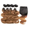 Ombre Brown Włosy Wiązki Z Zamknięciem Kolor 1B 30 Brazylijski Ciało Fala Włosy 4 Wiązki z 4x4 Koronki Zamknięcie Remy Ludzkie Przedłużanie Włosów