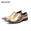 Batzuzhi British Type Men Shoes Screed Gold Metal Cap Leather Sukienka Buty Slip On Gold Party Wedding Buty Mężczyźni Biznes