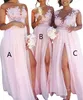 2023 Fashion Pink A Line Chiffon Bridesmaid Dress Lace Applique Prom Dress Illusion Neck High Slit Beach Formal Evening Gowns Party Long Dresses For Weddings Guests