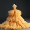 Robe de concours de beauté en tulle doré pour fille, tenue de fête d'anniversaire, à paillettes, perles, fleurs, robe de princesse pour enfants, première Communi213G