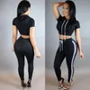 Wholesale Women Two Piece Outfits Pants Set Casual Sports Rompers Jumpsuit Long Pants 2 Piece Set O-Neck Crop Tops Tracksuits Free Shipping