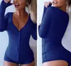 Тонкие женщины Rompers Новый Сексуальный Боди Леди V Шея С Длинным Рукавом Bodycon Комбинезон Кнопка Короткая Femme Корпус Хлопковый ползунок