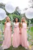 2020 NEW BOHO LONG SOFT TULE Kjolar Lace Top Bridesmaid Dresses V Neck En Line Country Billiga Maid of Honor Mint Party Prom Gowns 4619