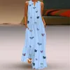 Bohemian Summer Butterfly Print Long Dress Women Casual Loose Sleeveless Pocket Boho Style Maxi Beach Dress Plus Size Sundress