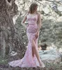 Vente chaude Robe de soirée sirène rose perlée pure col plongeant grande taille avant fendue robes de bal balayage train appliqué robe formelle 326