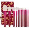 12st Red Makeup Brushes Set Wood Handle Foundation EyesBrow Pulver Blush Ögonskugga Ansikte Make Up Borste Mjuka hår Kosmetiska verktyg med väska