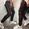 Venda quente! Novo Mens Jean Calças Rua Preto Buracos Designer White Stripes Jeans Hiphop skate Calças Lápis