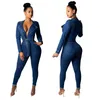 Haoyuan Sexig denim Jumpsuit High Stretch Clothing Club Overall Long Sleeve Bodycon Jeans Rompers Womens Jumpsuit