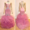 섹시한 핑크 공주 댄스 파티 드레스 2K19 높은 목 레이스 아플리케 셔링 얇은 명주 그물 이브닝 드레스 쉬어 가기 민소매 칵테일 파티 드레스