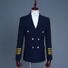 Navy blue double-breasted suits Men 2019 slim fit mens blazer with pant 2 pcs party tassels epaulettes uniforms dress Suits set