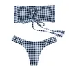 Strapless Checkered Shirred Bikini Smocked Bandeau Bathing Suits Sexy Thong Designeri Swimwear Women Swimsuit Free Shipping