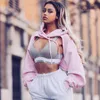 Kvinnor Solid Långärmad Beskurna Hoodies Höst Sweatshirt Nya Kvinnors Oregelbundna Hooded Chain Short Pullover Crop Tops Sweatshirt1