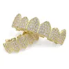 18K Real Gold Plated Teeth Grillz Caps Iced Out CZ Top & Bottom Vampire Fangs Dental Grill Set for Men Wholesale