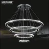 LED Crystal Modern Ceiling Fixtures Pendant Lamp Dining Room Contemporary Adjustable Stainless Steel Cable 4 Rings Chandelier Light