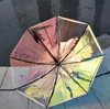 Ombrello trasparente al laser Parasole a pioggia Manico lungo Ombrelli olografici in PVC sfumato colorato Ombrello da viaggio per esterni