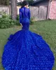 Jurken Royal Blue Black Girls Mermaid Long Prom Dresses 2020 Lange mouwen 3D Bloemen rok Lace Applique kralen Formele feestavondjurken