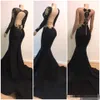 Black Deep V Modest Neck Mermaid Prom Dresses Long Illusion Hyls High Split Gold Applique Sweep Train Plunging Formal Evening Wear