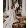 Strand 2020 Bohemian Wedding Dress Sexig Off Axel Puff Sleeve Puffy Bridal Gowns Long Train Rustic Country Wedding Clowns BC3129241K