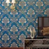 Luxo damasco 3d espuma rebanho Embossed Wallpaper não tecido parede rolo de papel Quarto Sala parede capa azul