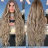 Ombre Blonde Brązowe Korzenie włosów Peruka Długa Naturalna Wave Syntetyczna Koronka Przednia Peruka Dla Kobiet Odporna na Włókna Włókna Naturalna Koronkowa Peruka Codzienne Peruki