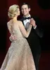 Champagne Sequined Long Sleeves Evening Dresses V Neck Beaded Prom Gowns Sweep Train A Line Tulle Red Carpet Formal Dress