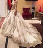 New A Line Wedding Dresses V-Neck Long Sleeves Lace With Gold Appliques Beaded Illusion Cathedral Train Plus Size Bridal Gowns