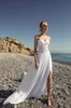 Cheap White Lace Beach Wedding Dresses Sweetheart Neck A Line Side Split Bridal Gowns Sweep Train Chiffon robe de mariée