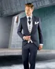 Slim Passar Mörk Navy Groom Tuxedos Man Work Blazer Business Suit Coat Waistcoat Byxor Satser (Jacka + Byxor + Vest + Tie) K75