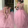 2020 розовый цветок девушка платье кружева аппликация Пушистый Тюль Первое причастие платья для девочек Бальные платья Облако Pageant платья