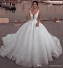 Glamorous Cathedral Train Ball Gown Wedding Dresses Sleeveless V-Neck Lace Appliques Bridal Gowns Plus Size Vestidos de novia