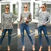 Wholesale Womens Toppar Rund Neck Långärmad T-shirts Sommar Ladies Toppar Stickning Stitching Leopard Chiffon T-shirt European Style Tops