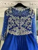 Abito da spettacolo in raso blu royal per adolescenti 2019 con maniche Abito da spettacolo lungo in strass Bling per bambina Cerniera posteriore Festa formale rosie