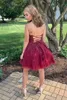 Dark Red Homecoming Jurken Halter Backless Short Applicaties Tule Mini Meisjes Prom Dress Cocktail Party Jurken Plus Size
