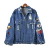 Kanske är du Kvinnor Kort Beskuren Denim Blue Oversize Punk Jacket Button Rock and Roll Slå ner Krage Broder Broderi Hole C0070 Y190826