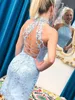 Sexy Mini Cocktail Dresses High Neck Beaded Mermaid Light Blue Lace Short Prom Homecoming Dresses 2020 Party Dress Formal Graduation Gowns