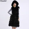 Wholesale-Front Hooded Women Open Sleeveless Faux Fur Waistcoat Vest Striped Long Coat