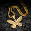 Hip New Fashion Hop Bling Diamond Mens Gold Prata Borboleta Pingente Chain Chain Colar Aço Inoxless Aço Calhas Correias Jóias