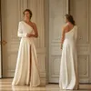 Liz Martinez 2020 Split Wedding Dresses Simple One Shoulder Long Sleeve Beach Boho A Line Satin Bridal Gowns Vestido De Novia212B