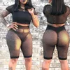 2PCS/SET Women Beach Sexy Fishnet z krótkim rękawem bluzki+wysokiej jakości siatki bikini spodni spodni joggingowy garnitur sportowy