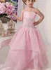 Pink Birthday Party Flower Girl Dress A-Line Beaded Fluffy Applique Tulle Sleeveless Girls Pageant Holy Communion Dresses