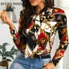 Womens Shirt Tied Neck Chain Print Casual Shirt Long Sleeve Sexy Blouse Tops Asian Size S-2XL