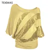 TEXIWAS Kobiety Plus Size Blonet Bluzka Off Ramię Batwing Koszulki Cekinowe Topy Kobiet Tunika Koszula Luźna Streetwear Y19050501