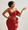 Aso Ebi 2019 Árabe Vermelho Sexy Barato Vestidos de Noite Um Ombro Frisado Vestidos de Prom Sereia Festa Formal Segundo Vestidos de Recepção ZJ366