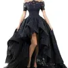 Ball Gown High Low Prom Dresses 2019 Boat Neck Short Sleeve Black Lace Party Gown Short Front Long Back Formal Evening Dress for Graduation