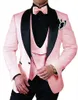 Costumes pour hommes les plus récents motif rose et smokings marié noir châle revers en satin garçons d'honneur mariage meilleur homme (veste + pantalon + gilet + cravate) L423