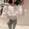 Blusas e tops femininos sexy com ombro de fora 2020 Mesh Sheer Puff Sleeve Tops Summer 3D Flower Vintage White Women Shirt Blusa