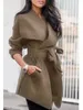 2019 women trench coats Fall Winter Jacket Wool & Blends plain Lapel Belt Plain Long Sleeve Trench Coats Basic Jackets