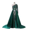 Luxuriöse dunkelgrüne Abendkleider 2020, One-Shoulder-Zuhair-Murad-Kleider, Meerjungfrau, Pailletten-Abschlussballkleid mit abnehmbarer Schleppe, nach Maß 583