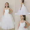 Cheap Spaghetti Tulle Flower Girls Dresses Simply Style Floor Length Girls Pageant Gowns Tiered Shiny Sequins Kids Formal Wear For Wedding