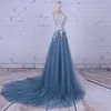 Party Evening Dress for Woman Scoop A-Line Decorated with Flower Tull Blue Prom Dress for Graduation vestido de festa 2019309v